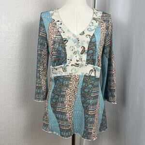 VTG Patchwork Fairy Babydoll Top Womens Medium Blue Floral Artsy Hippie Y2K